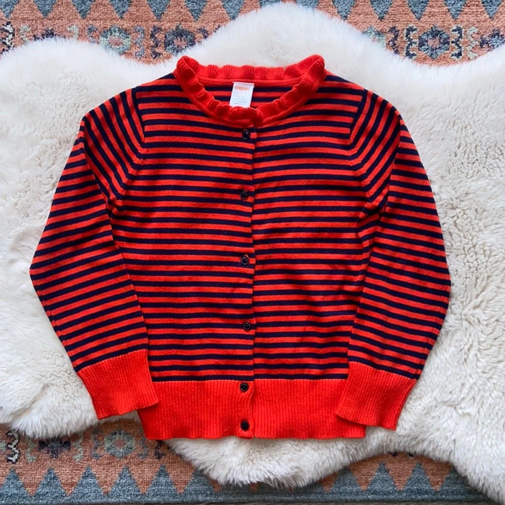 Gymboree girls striped sweater orange red and navy blue ruffle neck size M 7/8